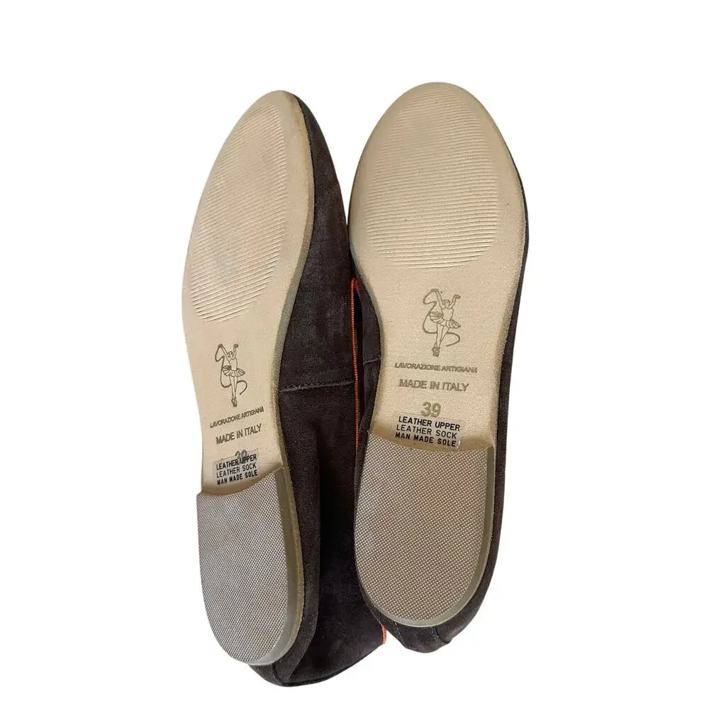Sundance Brown Smoking Flats Shoes Size 39 8.5  Suede Leather Orange Trim Preppy